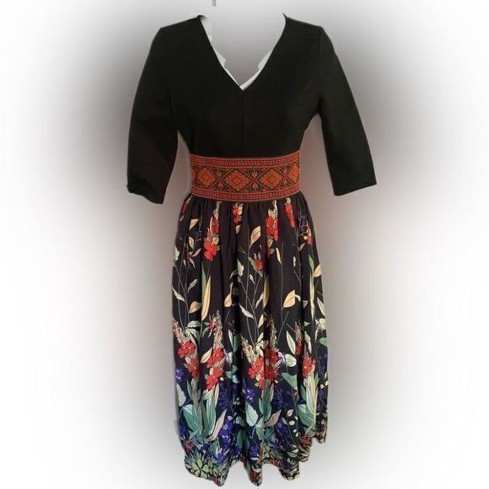 Metisu Midi Dress - S black /floral skirt , NWOT , polyester spandex